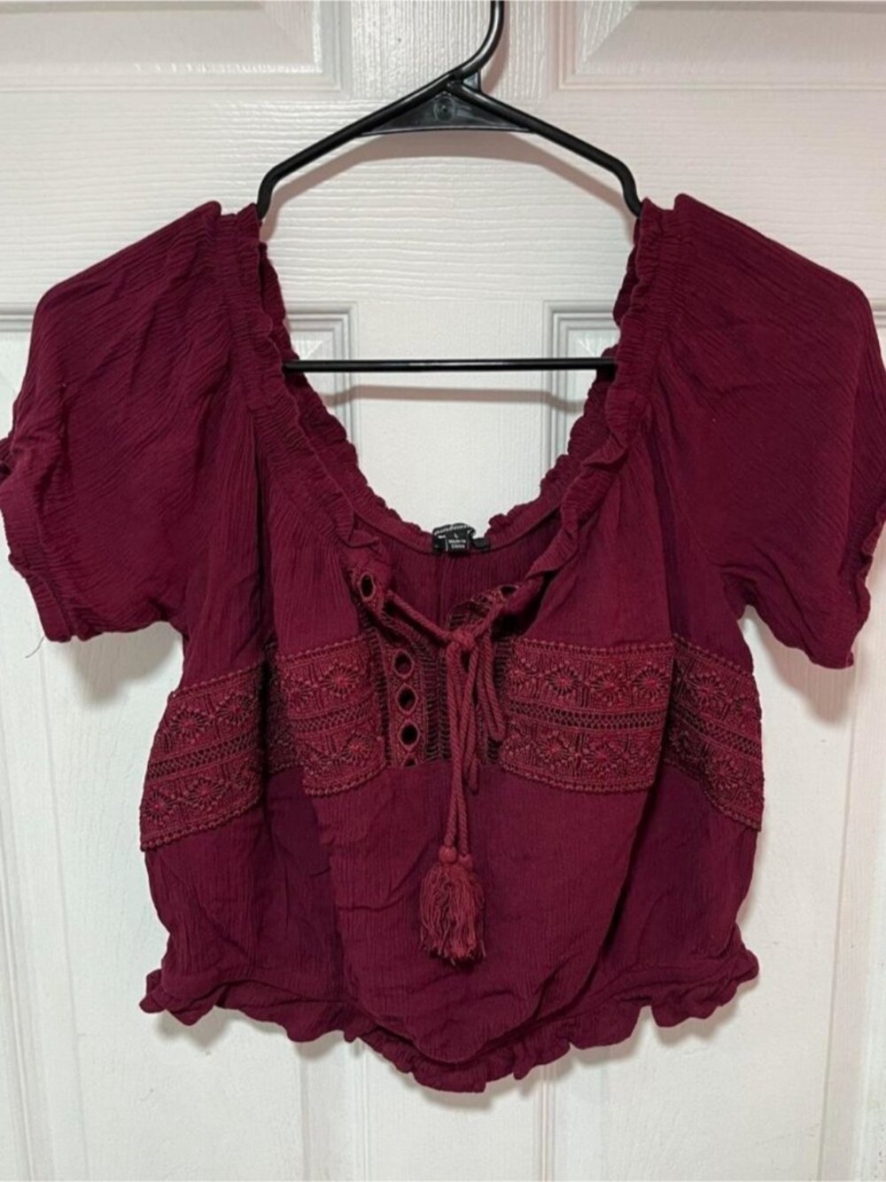 Ambiance Burgundy Lace-Up Embroidered Peasant Blouse